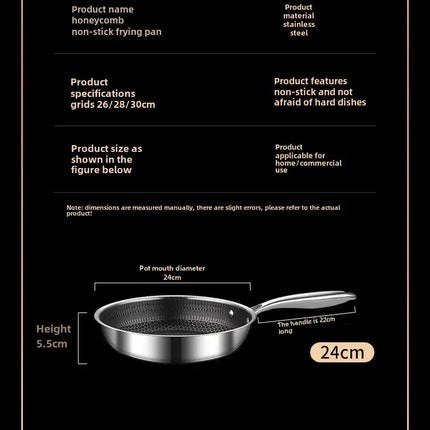 Poêle à frire en acier inoxydable antiadhésif, sans revêtement alvéolé, pour la cuisson des crêpes et autres préparations culinaires (gaz, induction, etc.).