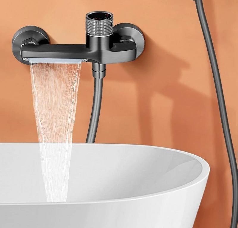 Waterfall Bathtub Faucet Set Handheld Shower Head Wall Mounted Brass Bathroom Tub Filler Waterfall Spout Hot and Cold Mixer Tap