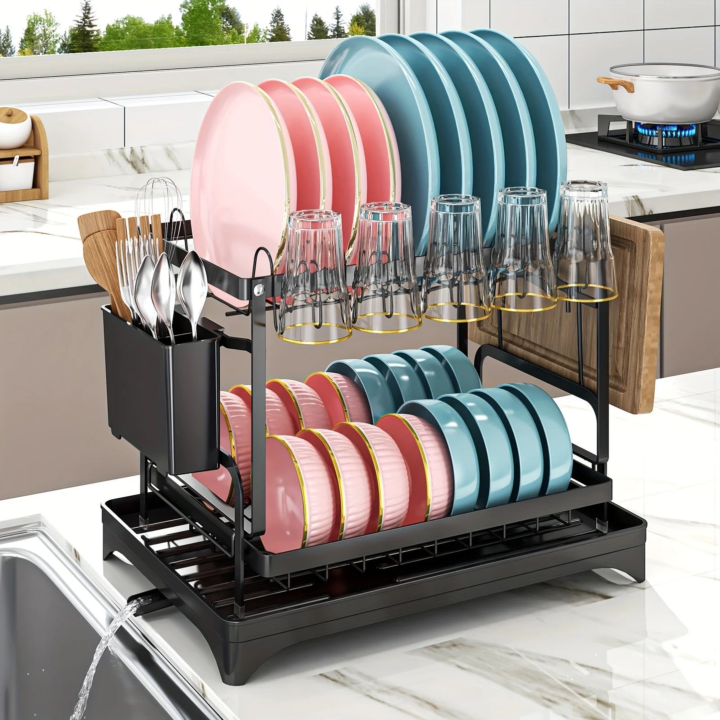 Dish Drying Rack, 2 Tier Large Dish Drying Rack for Kitchen Counter with Drainboard Stainless Steel Dish Drainer for Dish&Cup