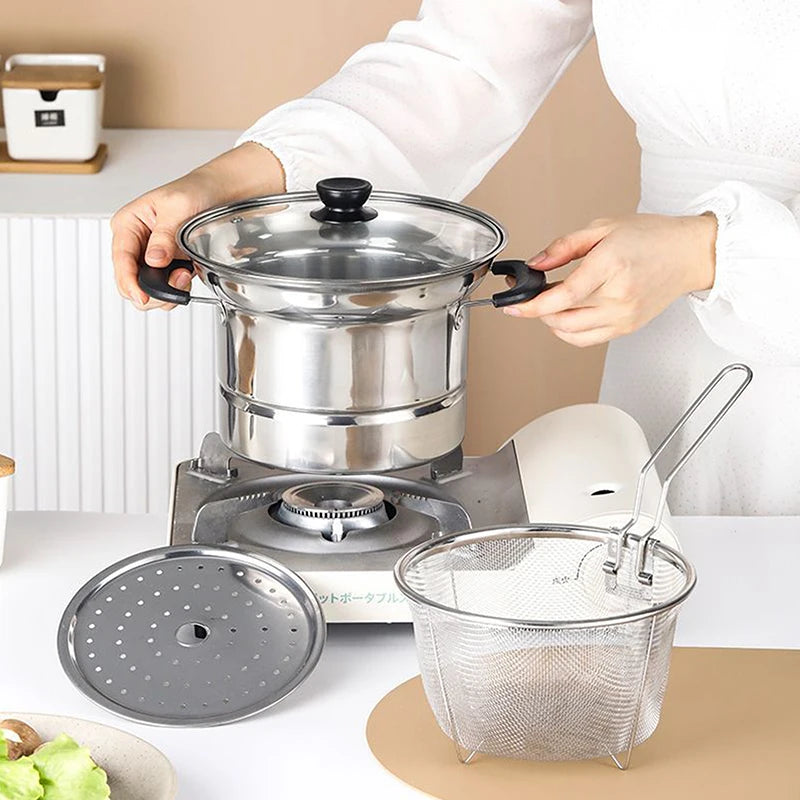 Stainless Steel Fryer Pot With Strainer Basket And Handle Portable Multi-functional Deep Frying Pot For French Fries Seafood