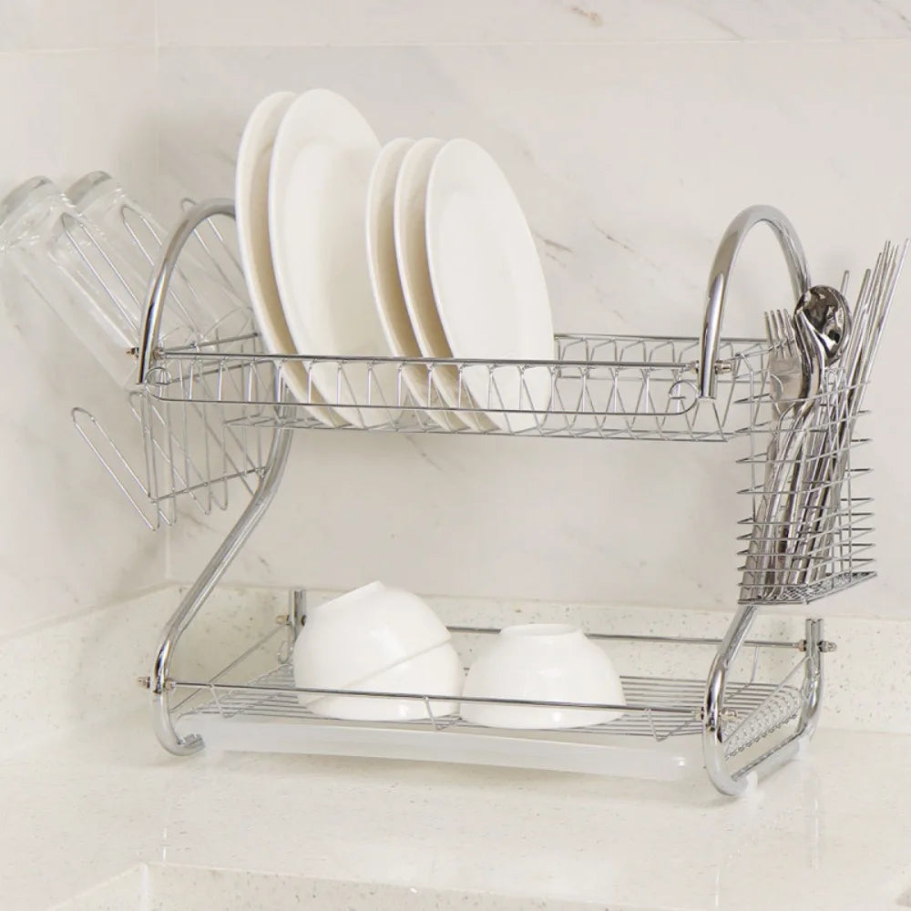Kitchen Cutlery Organizer 2 Tier S-Shaped Dish Drainer Stable Space-saving Tableware Holder Shelf Metal Cup Drainer Chopsticks