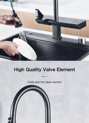 AITANA Luxury Chrome Brass Kitchen Faucet with Digital Display Design, Hot and Cold Water Pull out 3-Function Sink Mixer