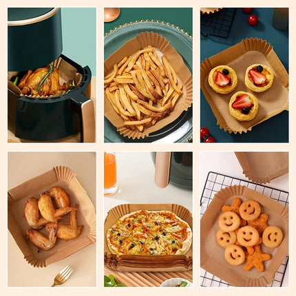 Papier sulfurisé jetable pour friteuse à air chaud, résistant à l'huile et à l'eau, format rond, carré et rectangle, pour la cuisine et les fêtes.