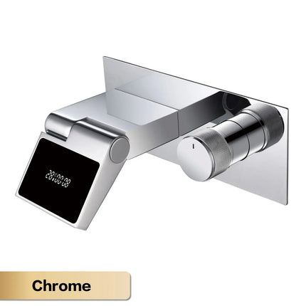 Robinet de salle de bain mural de luxe en laiton gris anthracite avec affichage numérique LED. Robinet de salle de bain monocommande avec eau chaude et froide intégrée.