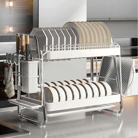 Dish rack, Stainless steel dish drainer, Multi-functional 2-tier dish drying rack with draining tray, utensil holder, hooks
