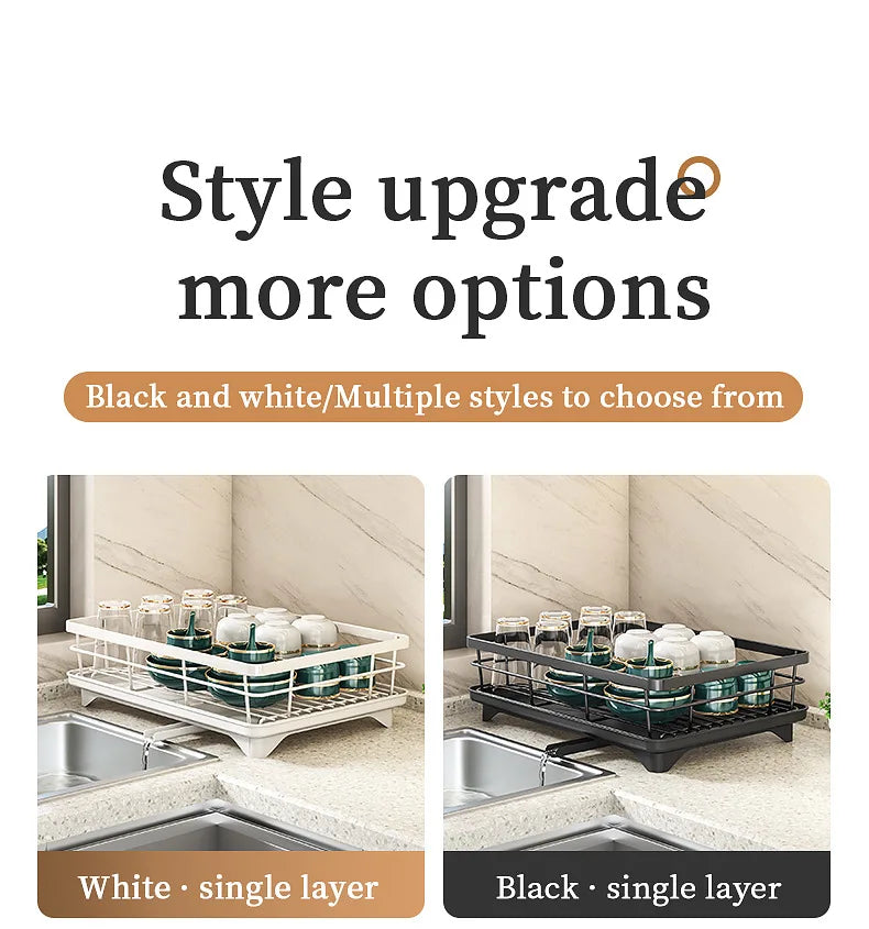 2-Tier Dishes Dryer Rack Metal Black Dish Drainer Large Kitchen Organizers and Storage Rack with Drainboard and Cutlery Holder