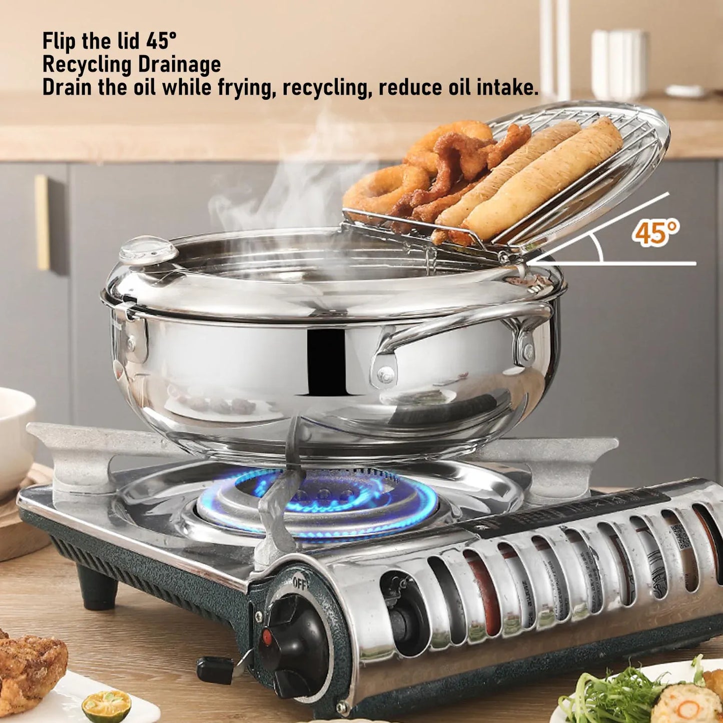 3.2L Double Ear Frying Pot 201 Stainless Steel  Fryer Pot with Oil Drip Drainer Rack Thermometer for Tempura  Fryer Pot