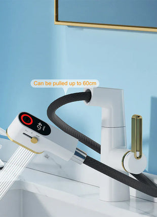 VGX Multifunctional Bathroom Faucets Pull Out Basin Mixer Sink Faucet Gourmet LED Temperature Tap 360° Tapware Crane Brass White
