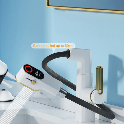 Robinet de salle de bain multifonctionnel VGX, mitigeur de lavabo extractible, robinet de lavabo avec indicateur de température LED, rotation à 360°, robinetterie Crane en laiton blanc