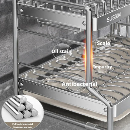Égouttoir à vaisselle en acier inoxydable pour le rangement et l'organisation de la cuisine. Ce support est idéal pour la vaisselle, les ustensiles de cuisine et les tables.