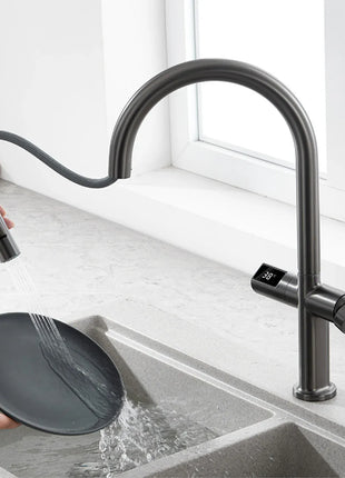 Luxury brass gun gray kitchen faucet LED digital sensing design single handle hot & cold water pull-out type 2-function sink Tap