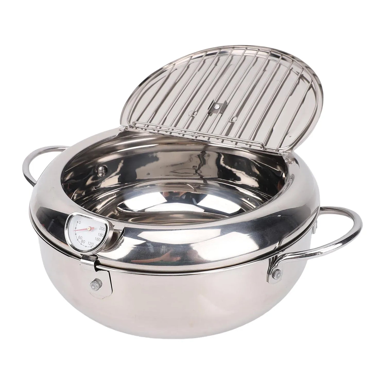 3.2L Double Ear Frying Pot 201 Stainless Steel  Fryer Pot with Oil Drip Drainer Rack Thermometer for Tempura  Fryer Pot