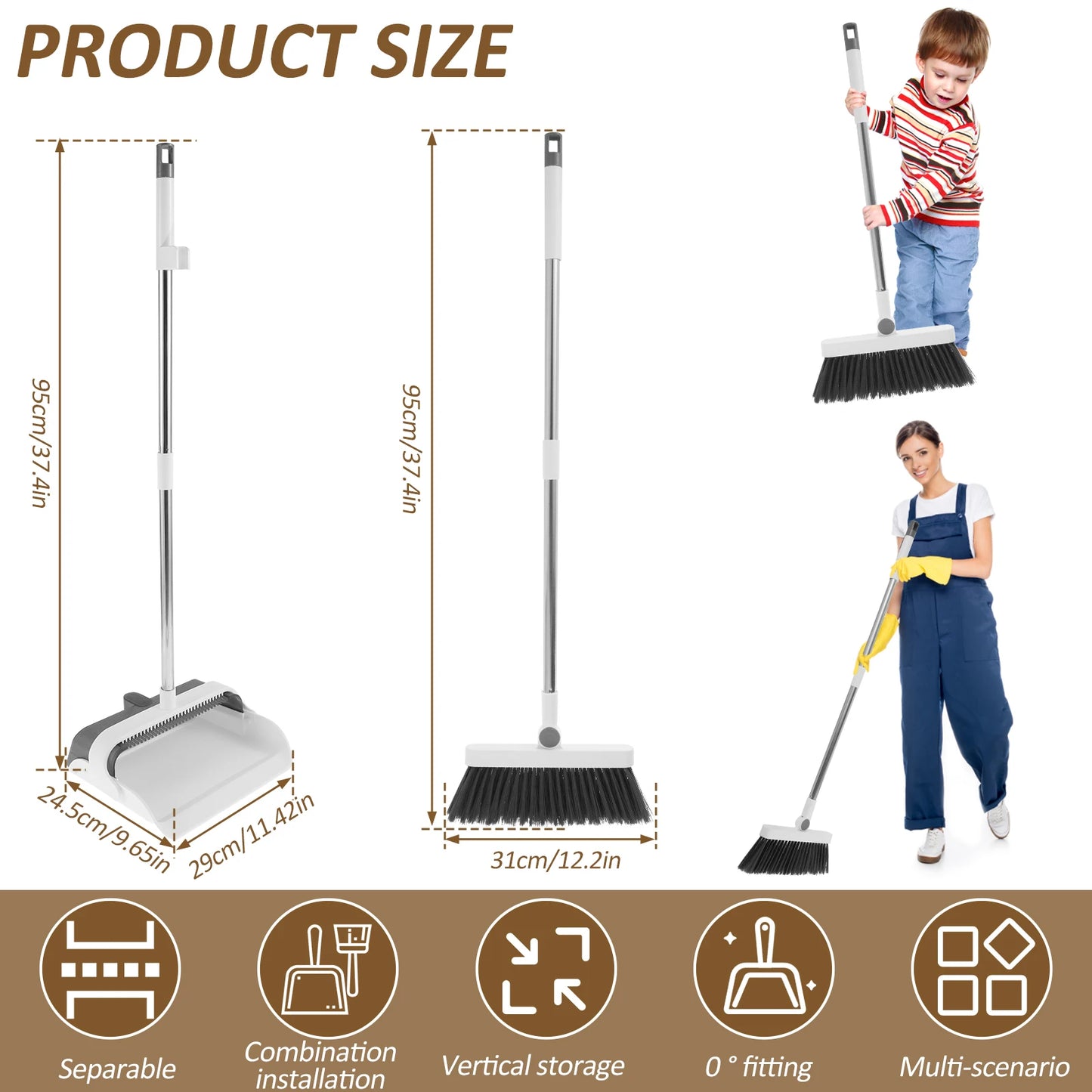 Broom and Dustpan Set with Adjustable Handle Standing and Broom with Scraper Teeth Flexible Household hygiene cleaning tools