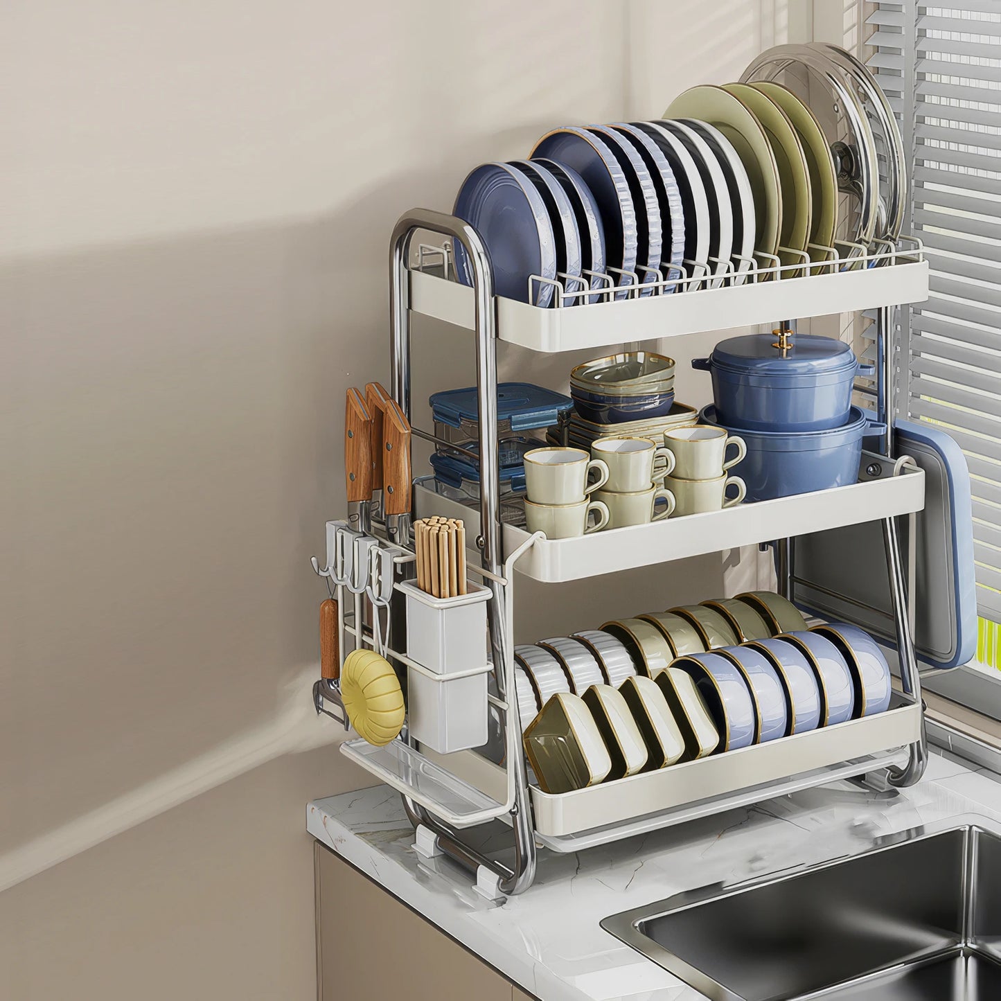 Dish rack, Stainless steel dish drainer, Multi-functional 2-tier dish drying rack with draining tray, utensil holder, hooks