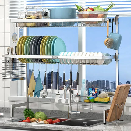 Égouttoir de cuisine en acier inoxydable 304 avec porte-assiettes de rangement multifonction pour évier de cuisine à poser sur le plan de travail