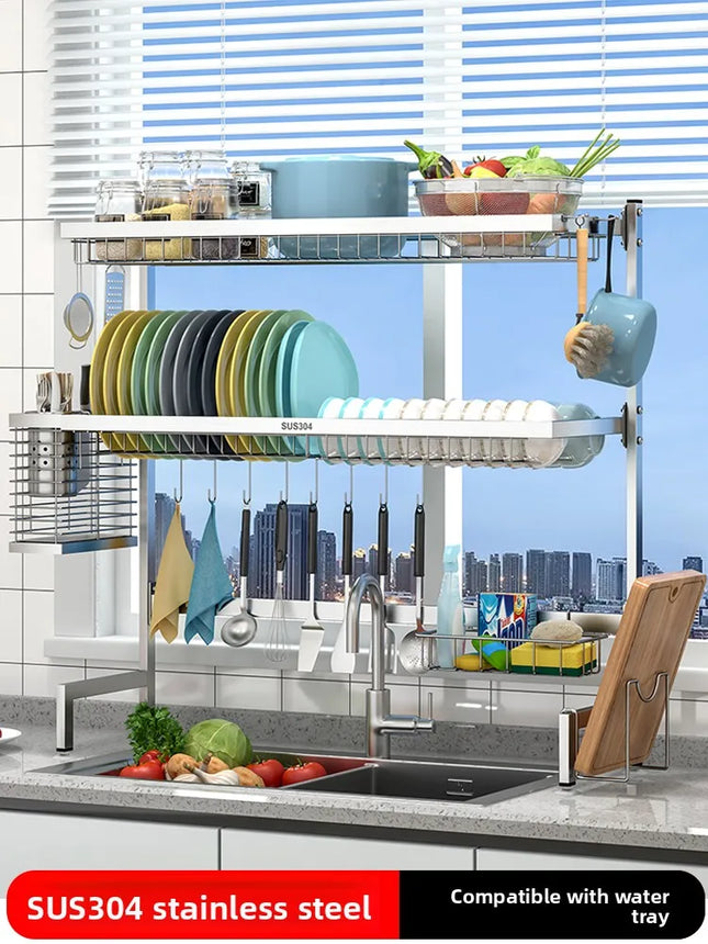 Égouttoir de cuisine en acier inoxydable 304 avec porte-assiettes de rangement multifonction pour évier de cuisine à poser sur le plan de travail