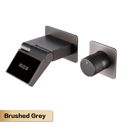 Robinet de salle de bain mural de luxe en laiton gris anthracite avec affichage numérique LED. Robinet de salle de bain monocommande avec eau chaude et froide intégrée.