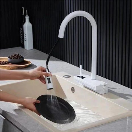 Waterfall Kitchen Faucet Temperature Display For Hot and Cold Water Pull Out Deck Mounted Sink Tap