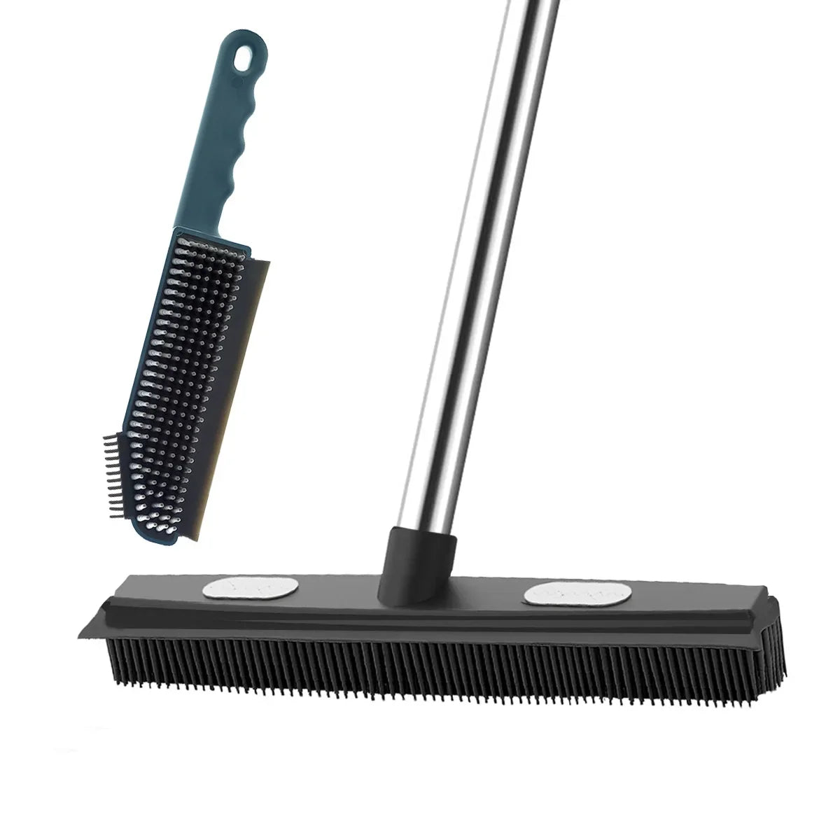 Rubber Broom Carpet Rake with Squeegee Long Handle for Pet Hair Fur Remover Broom for Fluff Carpet Hardwood Floor No Scratch