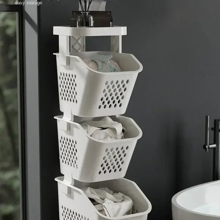 Laundry Storage Rack Basket Multilayer Dirty Clothes Storage Basket With Wheel Large Capacity Household Bathroom Shelf Organizer - E-menage