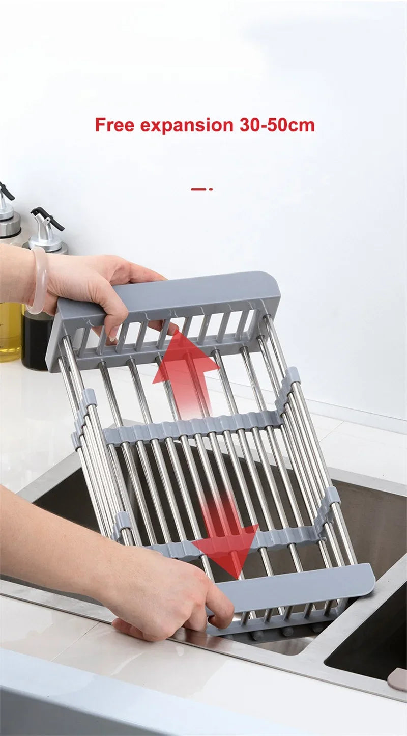 Kitchen Sink Drain Rack Stainless Steel Extendable Dish Drying Rack Drain basket Fruit Vegetable Washing Drainer Storage rack