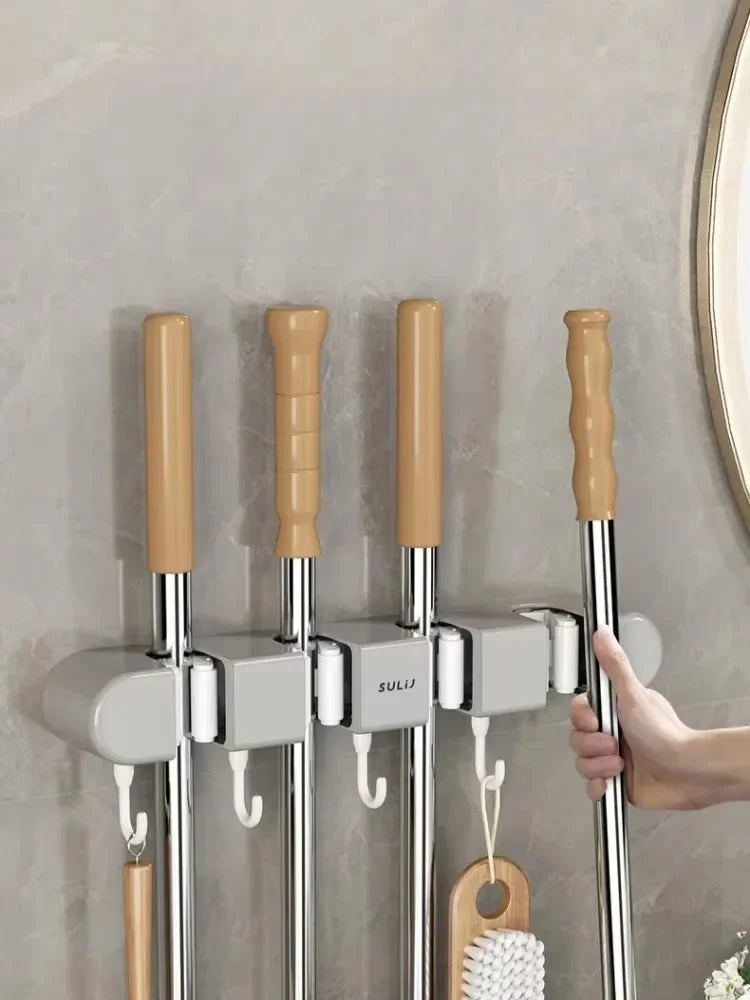 Broom Mop Holder with Hooks Wall Mounted Broom Storage Rack No Drilling Self-Adhesive Kitchens Organizer Multifunction Holder