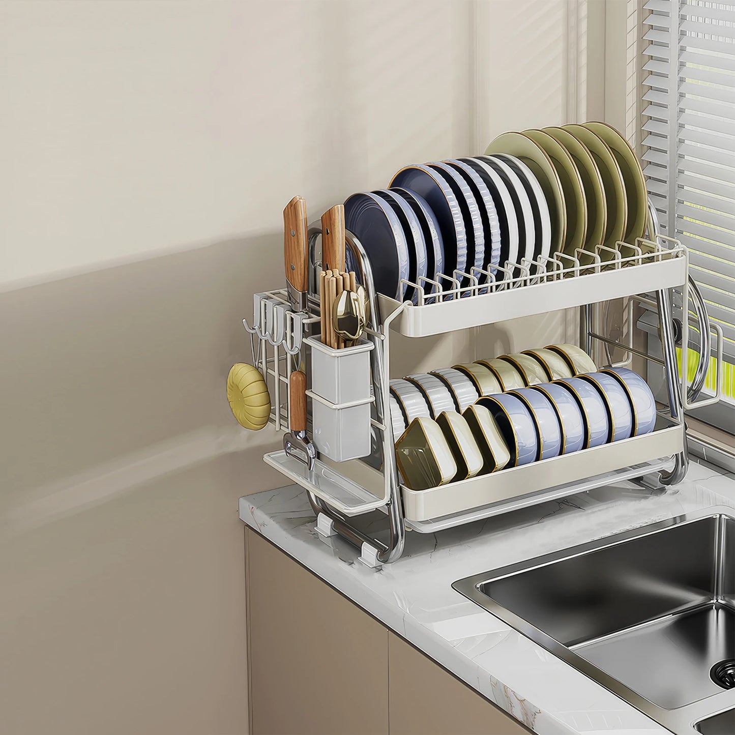 Dish rack, Stainless steel dish drainer, Multi-functional 2-tier dish drying rack with draining tray, utensil holder, hooks