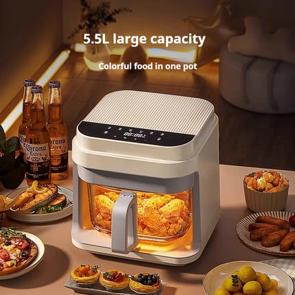 Friteuse à air chaud 1200 W avec panier en verre transparent - Four multifonction sans retournement, poignée isolante, 8 modes de cuisson, usage domestique