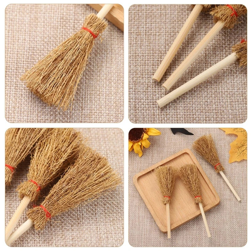 6/12 Pcs Mini Broom Witch Straw Brooms DIY Hanging Ornaments for Halloween Party Decoration Costume Props Dollhouse Accessories