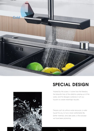 AITANA Luxury Chrome Brass Kitchen Faucet with Digital Display Design, Hot and Cold Water Pull out 3-Function Sink Mixer