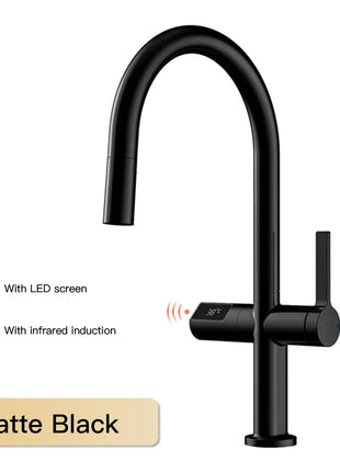 Luxury brass gun gray kitchen faucet LED digital sensing design single handle hot & cold water pull-out type 2-function sink Tap