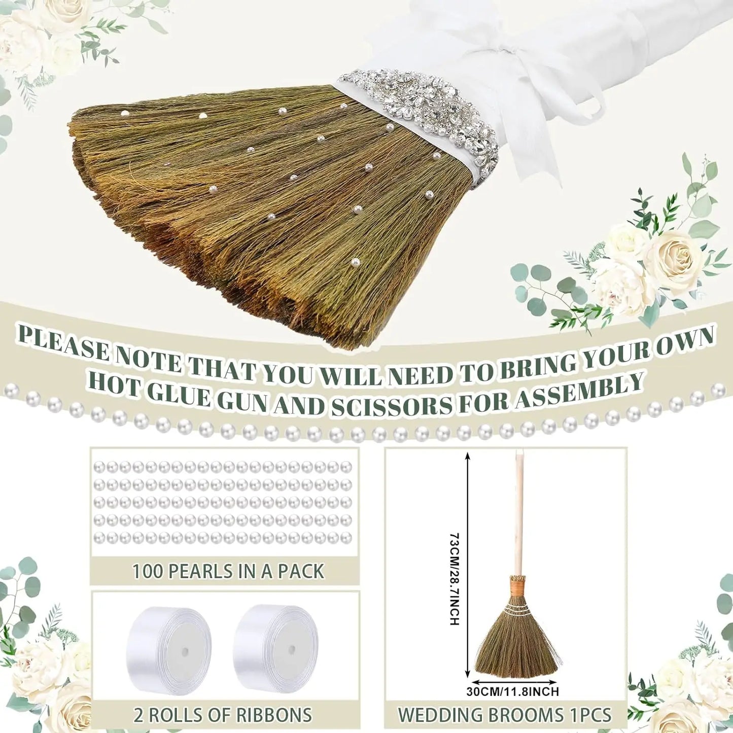 Wedding Brooms Whisk Brooms DIY Bridegroom Jump Broom with White Ribbons Artificial Pearl for African American Wedding Ceremony