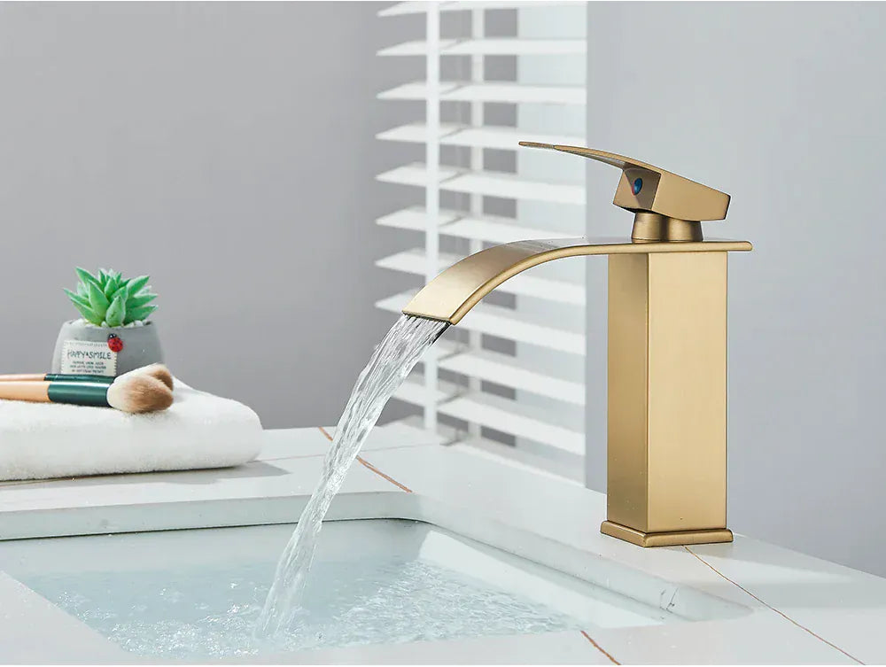Brushed Golden Basin Faucets Elegant Waterfall Bathroom Sink Faucet Single Lever Hole Deck Mount Brass  Mixer Taps