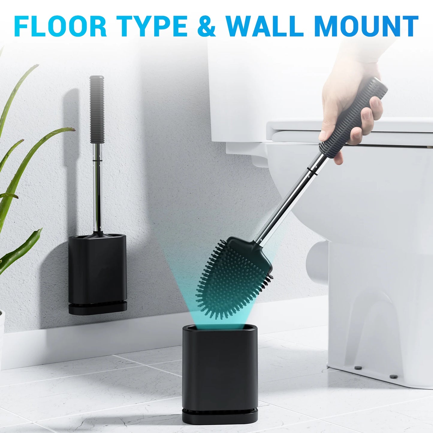 Brosse de toilette en silicone, nettoyage en profondeur, manche antidérapant en acier inoxydable et poils flexibles (noire), lot de 1