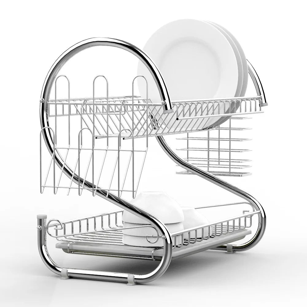 Kitchen Cutlery Organizer 2 Tier S-Shaped Dish Drainer Stable Space-saving Tableware Holder Shelf Metal Cup Drainer Chopsticks