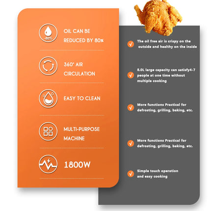 Friteuse à air chaud électrique multifonctionnelle 6,5 L, sans huile, écran tactile, numérique intelligent, circulation d'air chaud à 360°