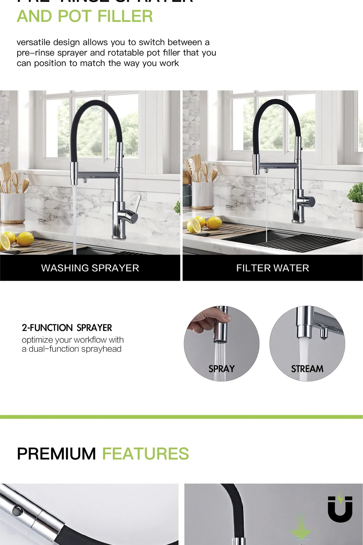 Luxury chrome brass kitchen faucet with one handle for hot&cold water Simple design Pull-out style with filtered water sink Tap