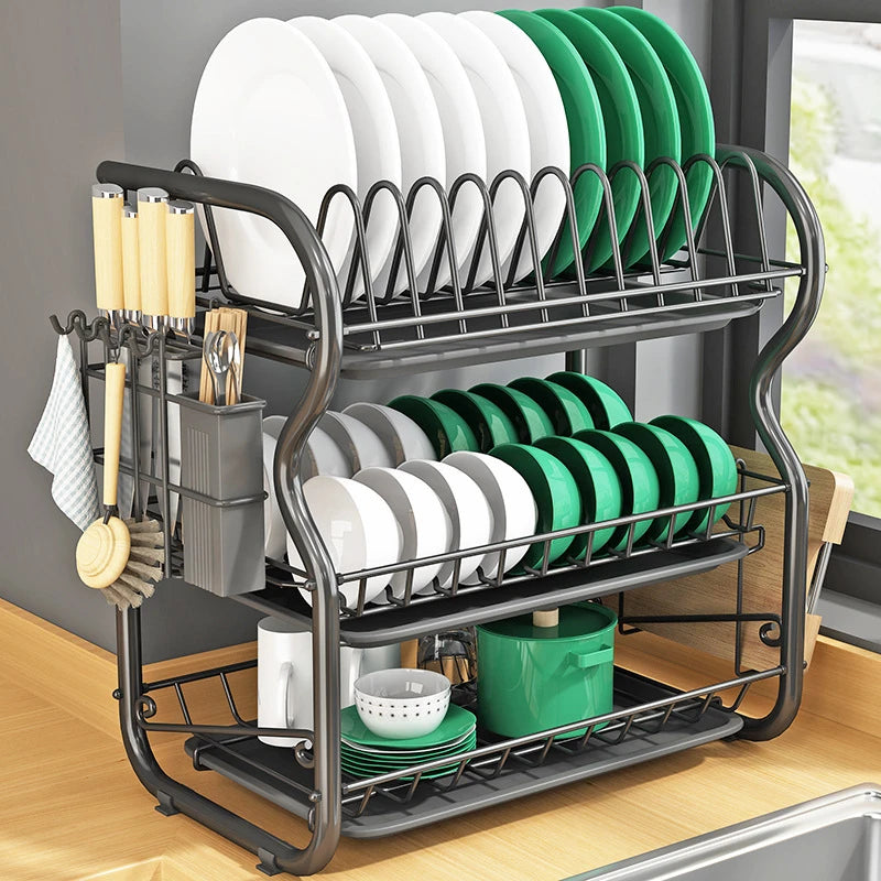 Cutlery Rack Stainless Steel Drying Rack Bowl Dish Draining Shelf  Kitchen Organizer 3 Tiers Dish Drainer Dryer Tray Holder