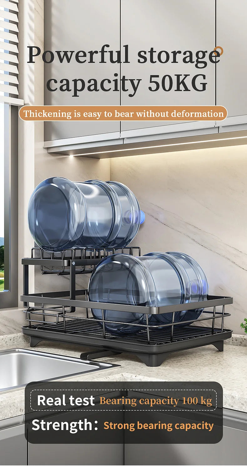 2-Tier Dishes Dryer Rack Metal Black Dish Drainer Large Kitchen Organizers and Storage Rack with Drainboard and Cutlery Holder