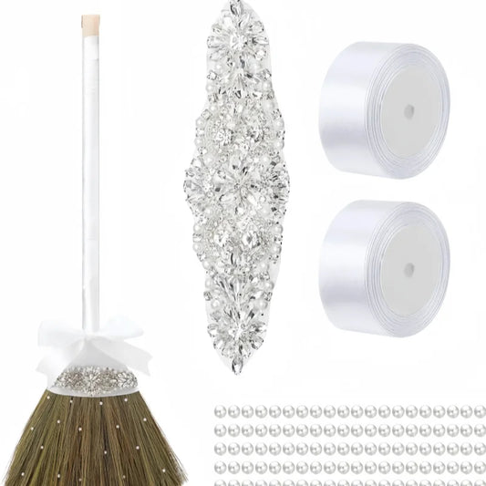 Wedding Brooms Whisk Brooms DIY Bridegroom Jump Broom with White Ribbons Artificial Pearl for African American Wedding Ceremony