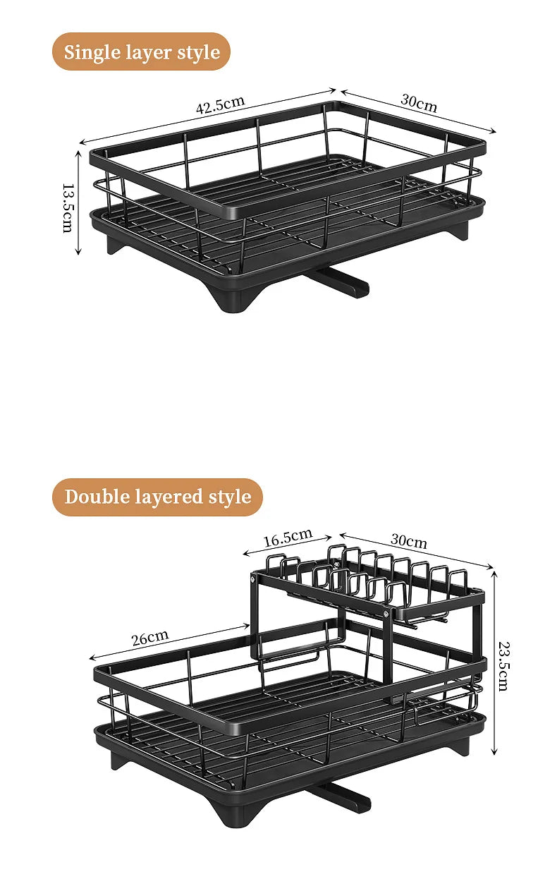 2-Tier Dishes Dryer Rack Metal Black Dish Drainer Large Kitchen Organizers and Storage Rack with Drainboard and Cutlery Holder