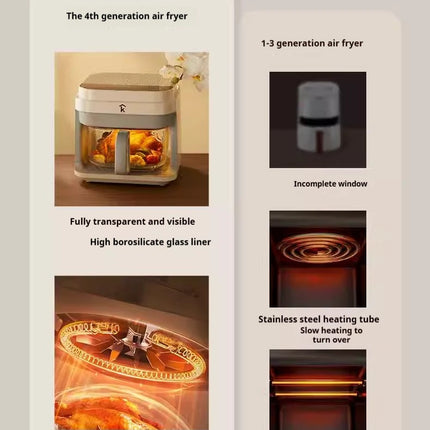 Friteuse à air chaud 1200 W avec panier en verre transparent - Four multifonction sans retournement, poignée isolante, 8 modes de cuisson, usage domestique