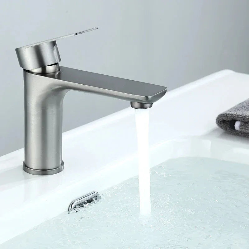 Brushed/Gray Bathroom Sink Faucet Hot and Cold Mixer Faucet Countertop Mount 304 Stainless Steel Single Handle