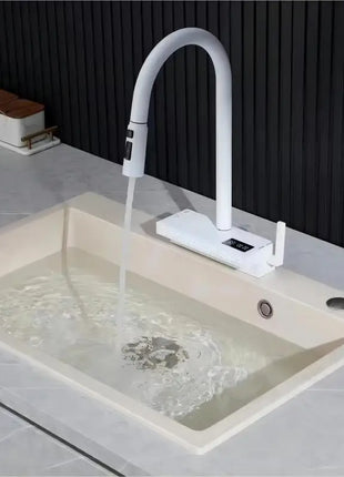 Waterfall Kitchen Faucet Temperature Display For Hot and Cold Water Pull Out Deck Mounted Sink Tap
