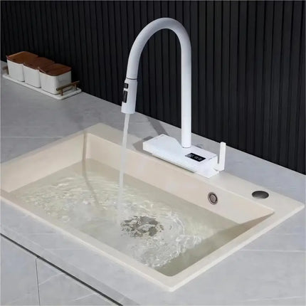 Robinet de cuisine cascade avec affichage de la température de l'eau chaude et froide, robinet extractible pour évier sur plage