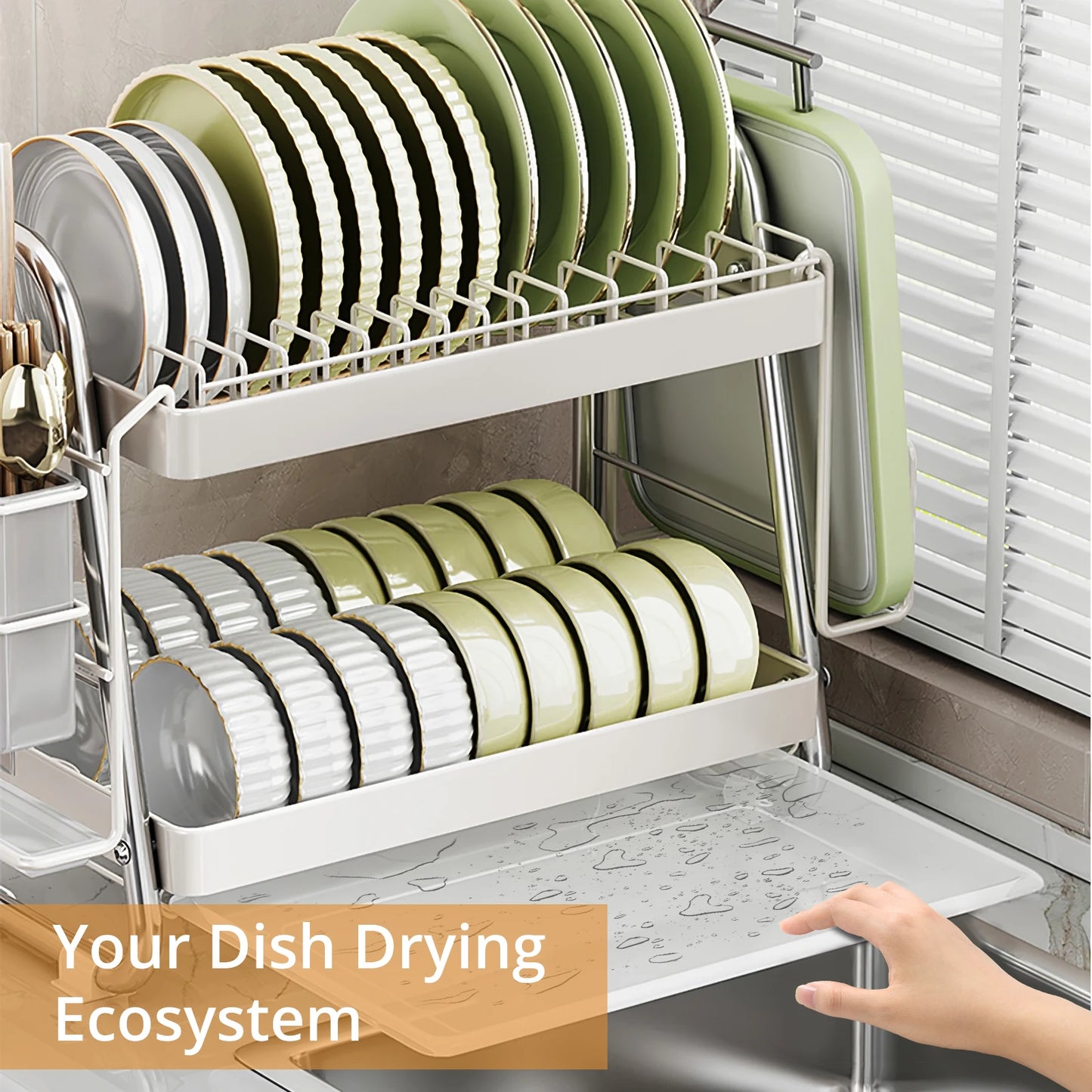 Dish rack, Stainless steel dish drainer, Multi-functional 2-tier dish drying rack with draining tray, utensil holder, hooks