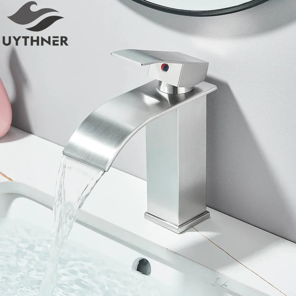 Brushed Golden Basin Faucets Elegant Waterfall Bathroom Sink Faucet Single Lever Hole Deck Mount Brass  Mixer Taps