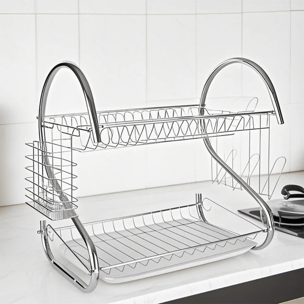 Kitchen Cutlery Organizer 2 Tier S-Shaped Dish Drainer Stable Space-saving Tableware Holder Shelf Metal Cup Drainer Chopsticks
