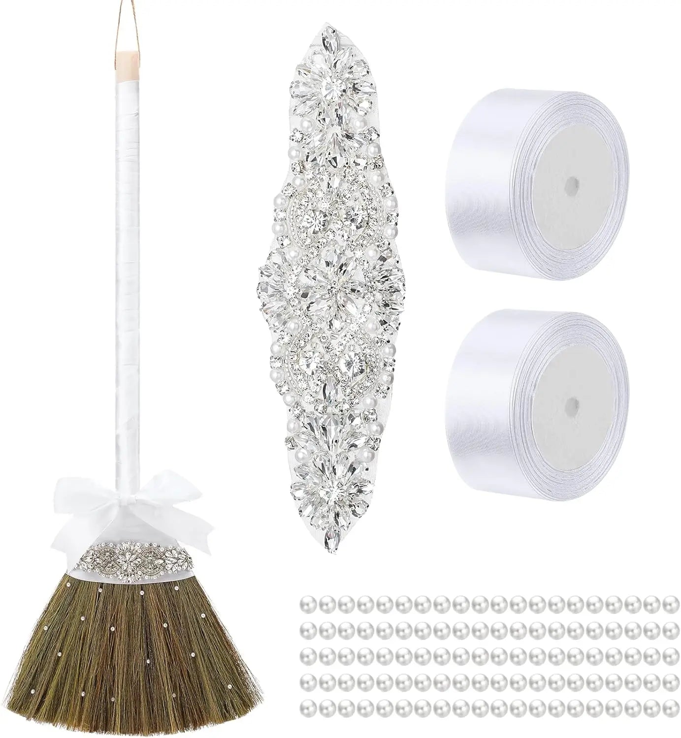 Wedding Brooms Whisk Brooms DIY Bridegroom Jump Broom with White Ribbons Artificial Pearl for African American Wedding Ceremony