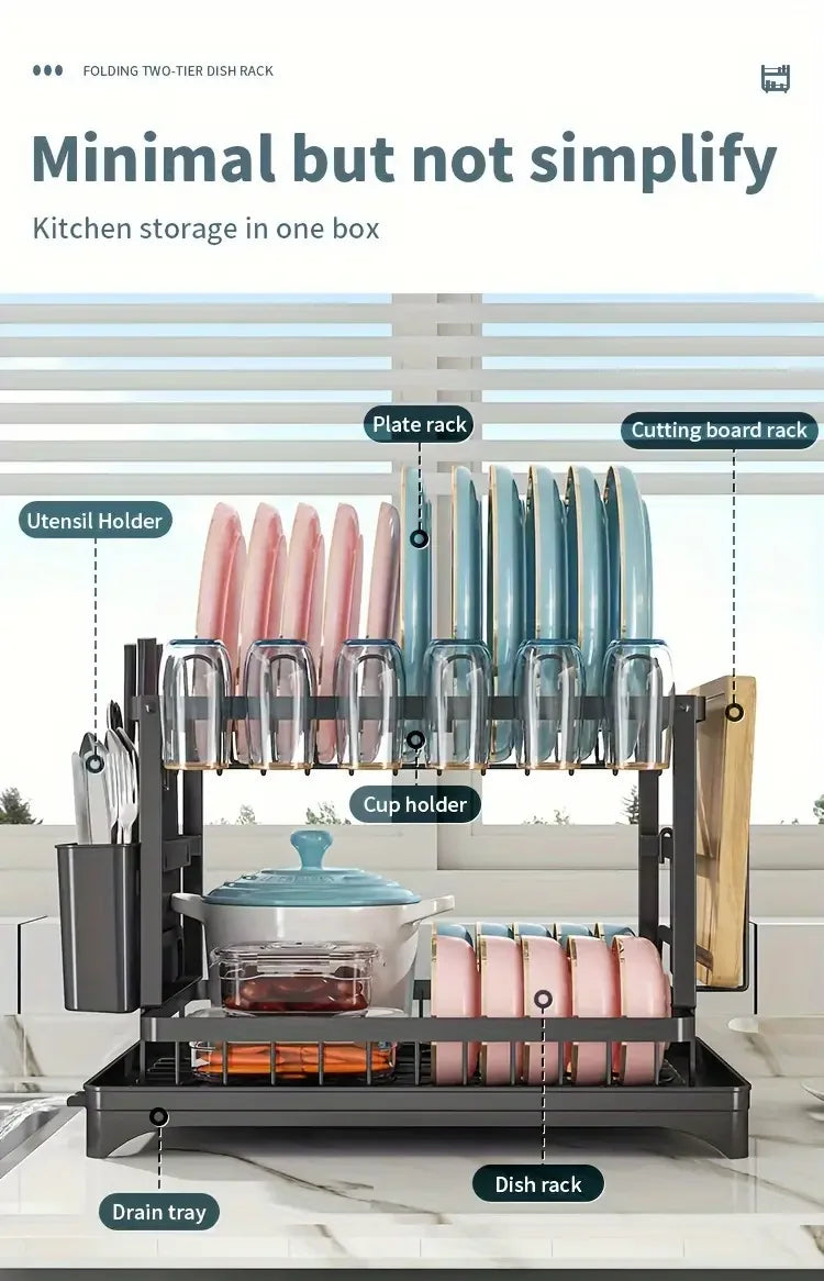 Dish Drying Rack, 2 Tier Large Dish Drying Rack for Kitchen Counter with Drainboard Stainless Steel Dish Drainer for Dish&Cup